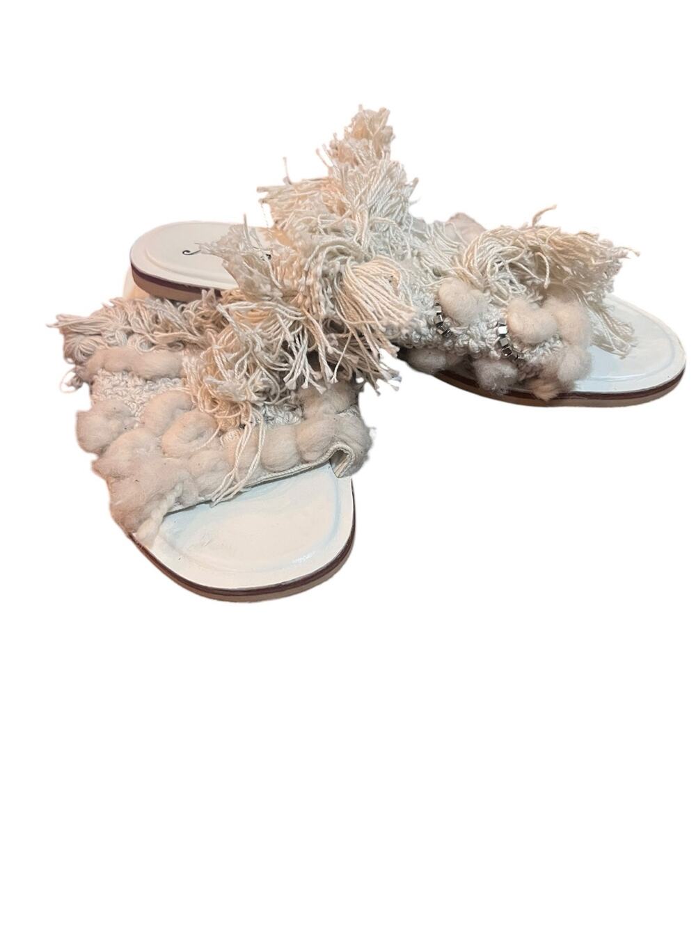 Free People Women's 9 Ivory Mars At Night Boho Shaggy Flat Fringe Slide Sandals